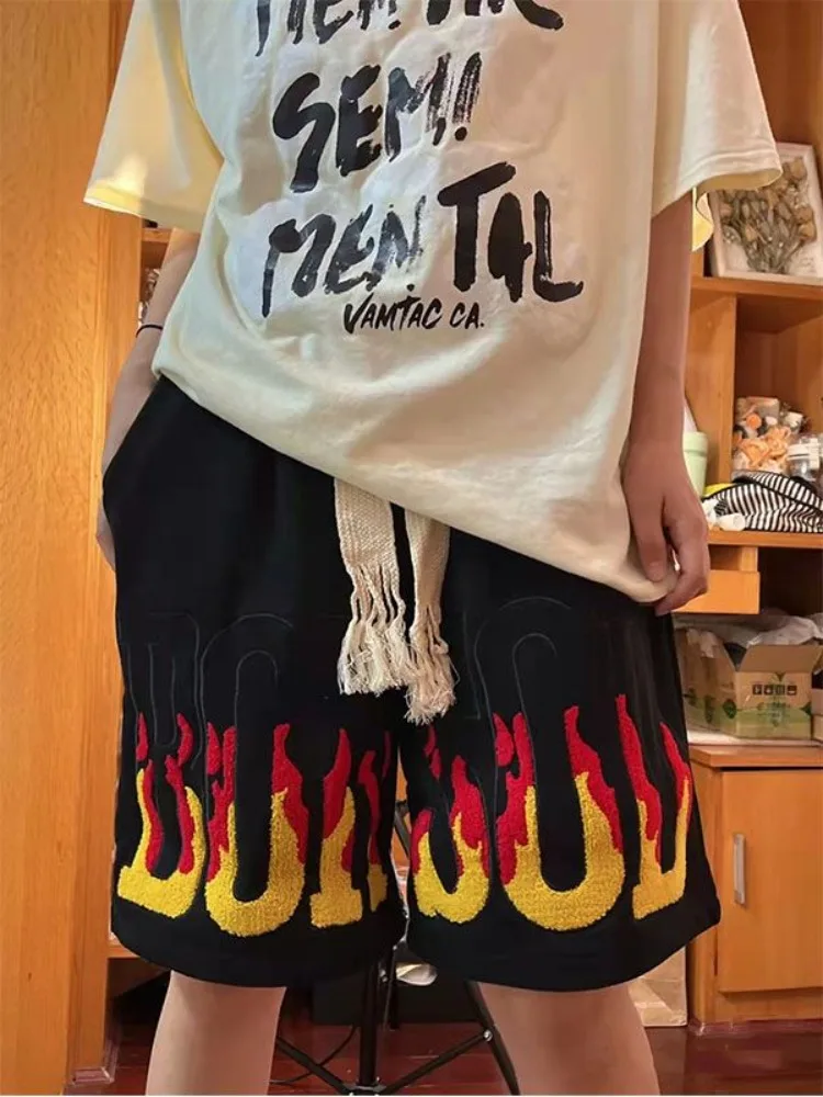 خمر الشارع إلكتروني التطريز خمس نقاط السراويل مستقيم فضفاض واسعة الساق السراويل 2025 صيف جديد عالية الخصر سراويل قصيرة #5