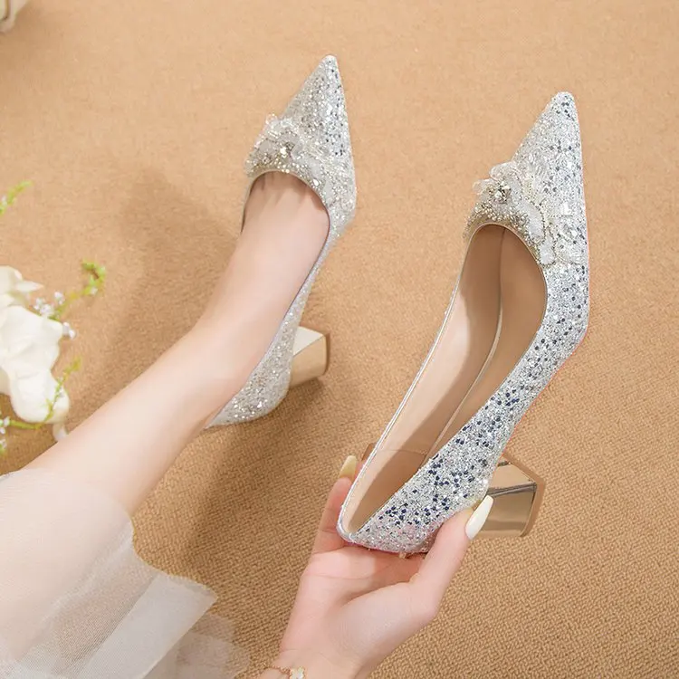 White Wedding Shoes Women\'s New Bride Sequins 2023 Thick Heels Pregnant Women Wedding Dress Crystal Buckle Lady Party Pumps