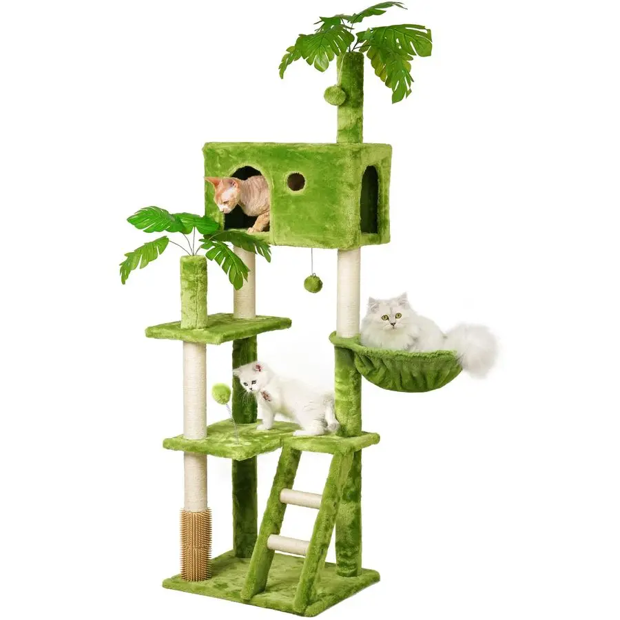 

Tall Cat Tree with Leaves for Indoor Cats, Green Cat Tower with Scratching Post,Hanging Hammock,Cozy Perch,Swing Ball,Self Groom