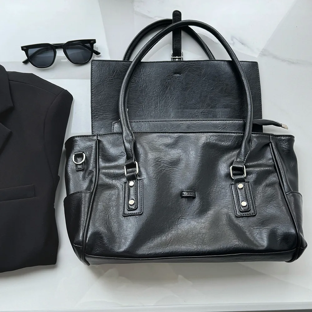 Shoulder Hobo Bags Leather Ladies Baguette Black Y2k Messenger Bags Tote Longcghamp Work Gifts Woman American Retro Motorcycle