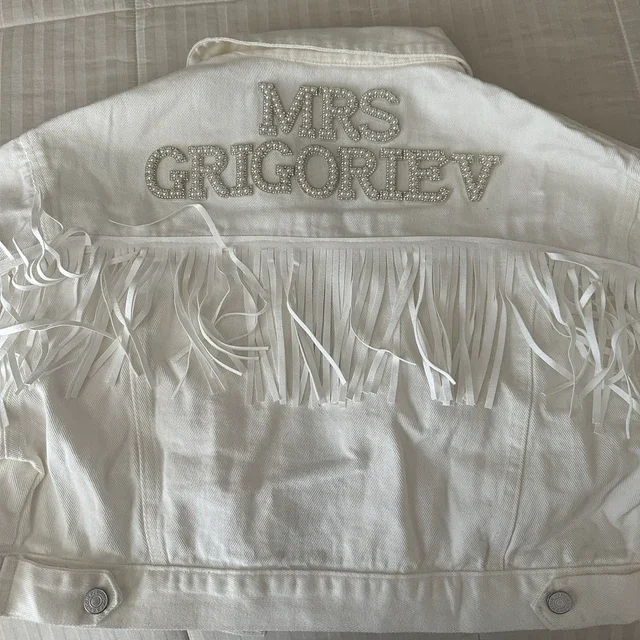 Branco Fringe Senhora Personalizado Pérola Denim Jacket Nashville Bachelorette Party Nome Personalizado Casacos De Casamento Wifey Noiva Presentes