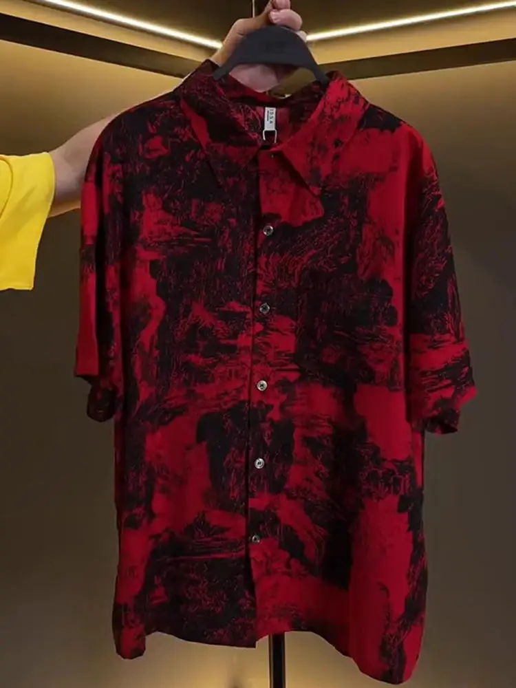 

Summer 2026 Fashionable Retro Dyeing Print Collared Short Sleeve Casual Loose Men's Shirt Breathable Thin Youth Summer Shirt