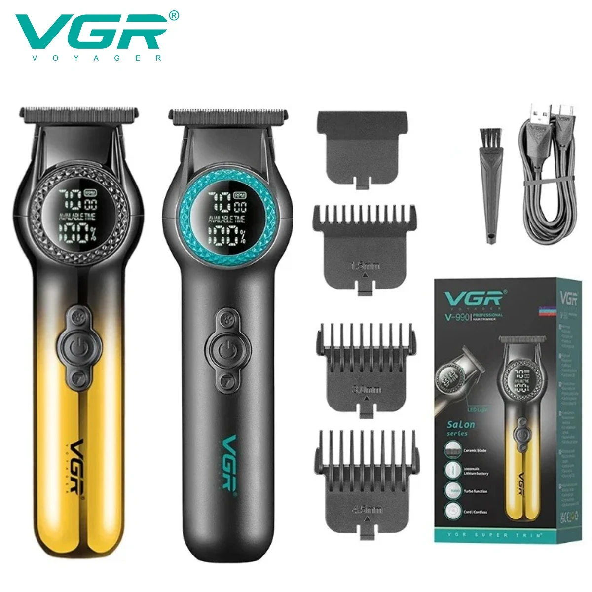 VGR Hair Trimmer Electric Barber Clippers Rechargeable Hair Cut Machine Cordless Hair Trimmer LED Display Trimmer for Men V-990