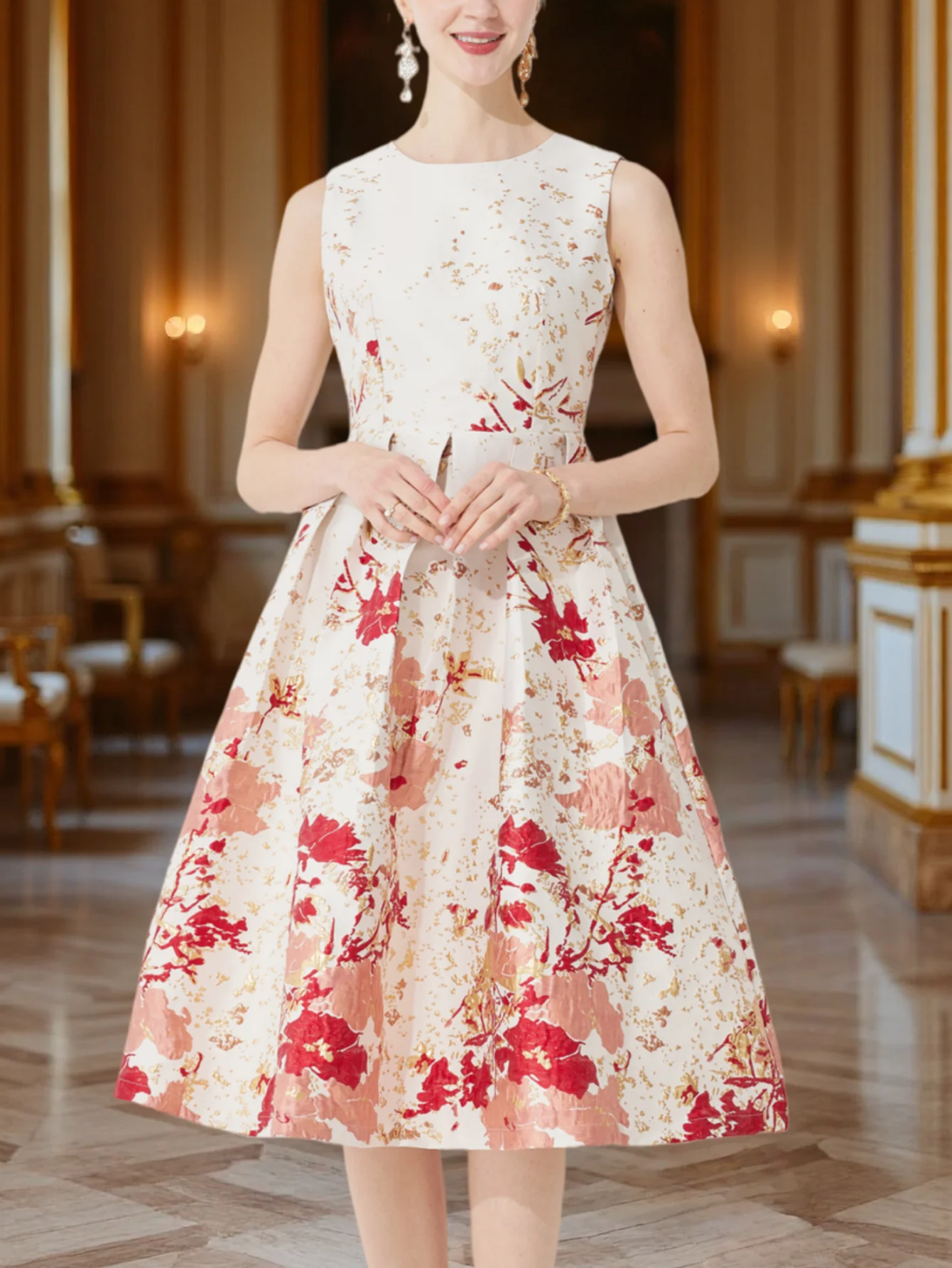 Midi Skirt Floral - DEVCHATA 女性用 エレガントなジャカード織のAラインミディドレス。ウエストを絞ったデザインで、ふんわりとしたスカートが特徴。ガーデンパーティー、宴会、結婚式に最適。