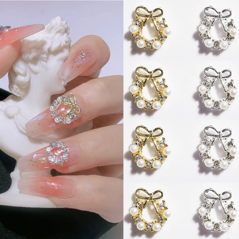 10Pcs Bowknot Pearl Wreath Alloy Nail Charms 3D Crystal Luxury Manicure Jewelry Pearl Rhinestone Round Nail Glitter Decorations