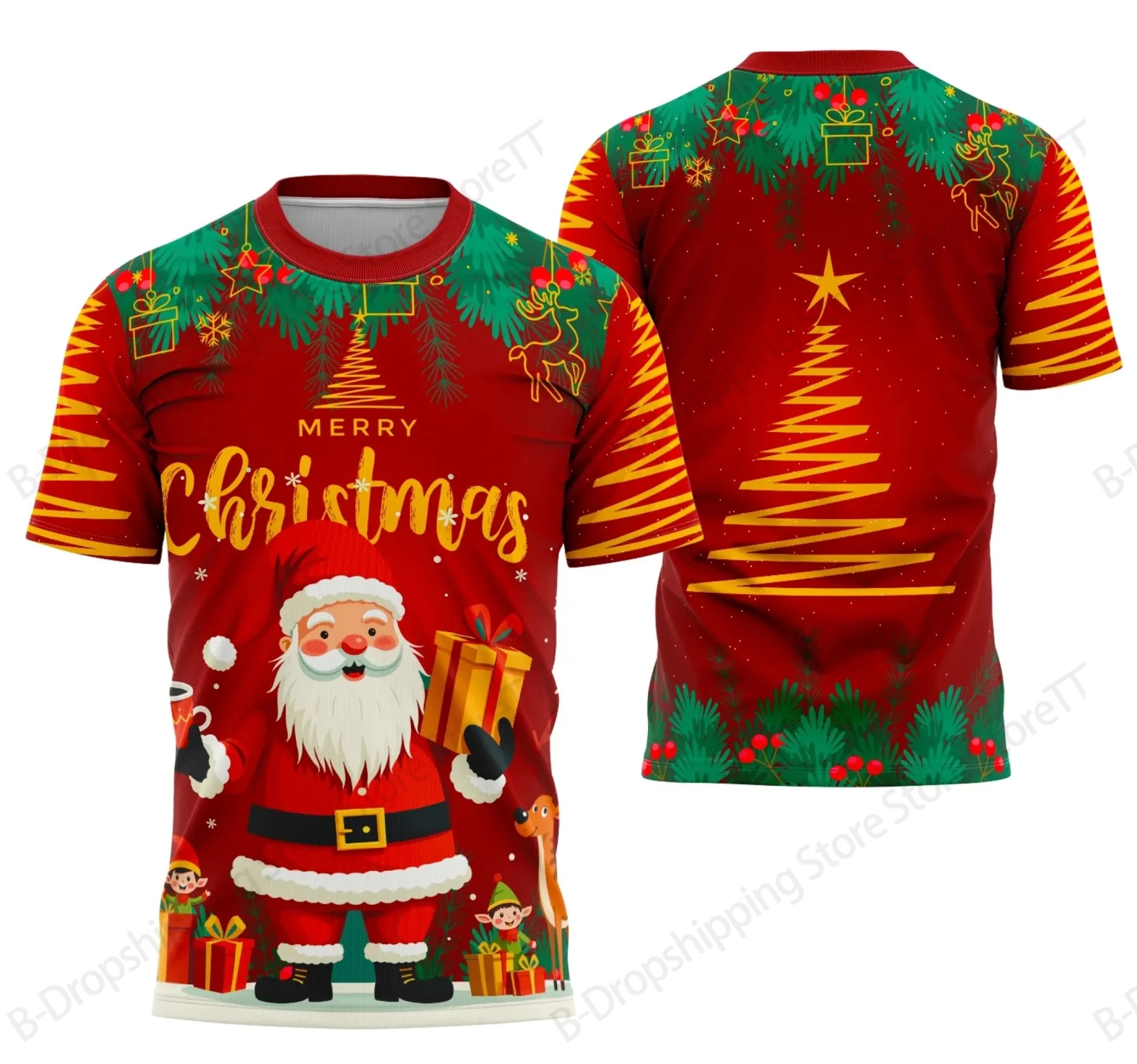 New Merry Christmas Tree 3D Print T-shirt Men Women Fashion Short Sleeve Santa Claus Style Tops Tees Mens Clothing Apparels Gift