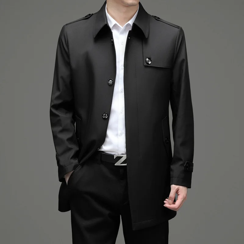 Classic Fashion Trench Coats Men Business Casual Mid-long Windbreaker Lapel Khaki Long Coat for Men Simple Mens Jackets M-4XL