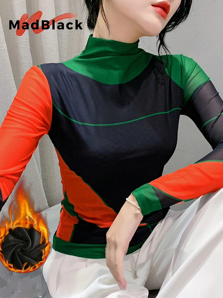 

MadBlack-Women European Fleece T-Shirt, Sexy Turtleneck Print, Fashion Long Sleeve Slim S-3XL Mesh Tee, 2025 Autumn New T5N902CC