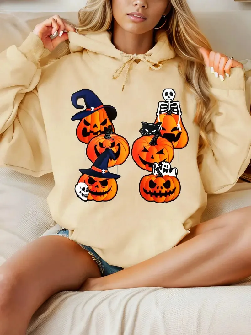 Spot Drawstring Autumn And Winter Cross-Border Fashion Halloween Pumpkin Versatile Women's Loose Hooded SweatshirtMC11