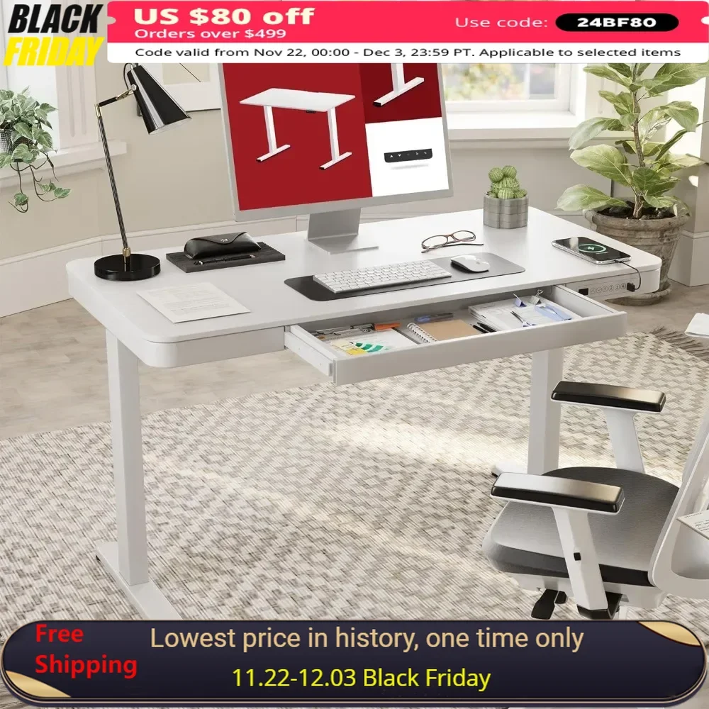 Writing Desk, Standing Desk with Drawer, 48 Inch Wood Top with Storage & USB Ports, Writing Desk