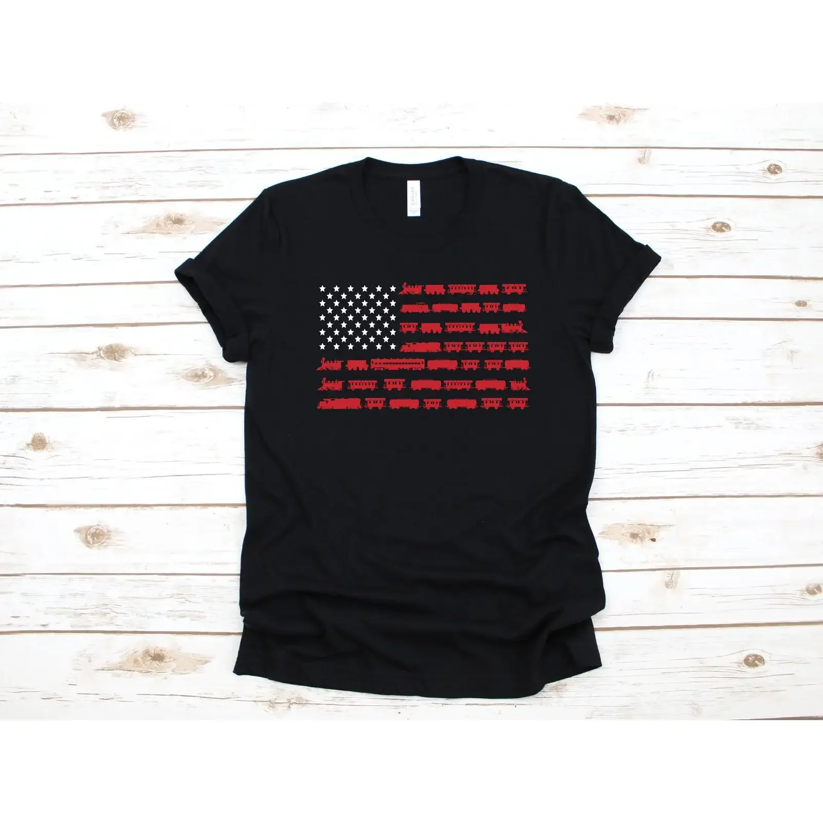 Train American Flag USA Railroad Conductor Locomotive Casual T Shirt Funny for Railway Enthusiasts vintage Washed Comfortable