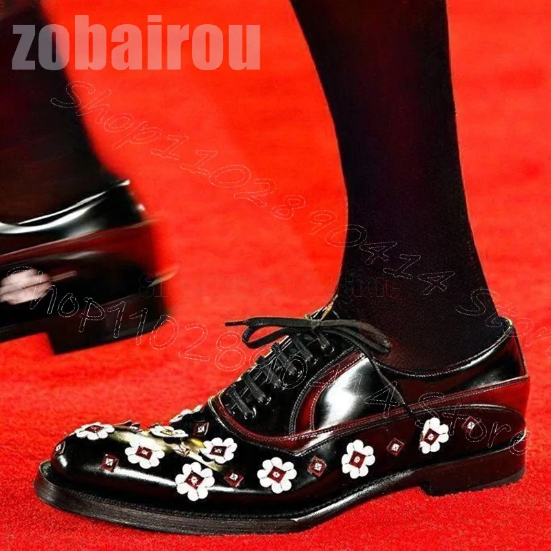 

Floral Print Black Cross Tied Men Loafers Fashion Lace Up Men Shoes Luxury Handmade Party Runway Feast Dating Men Casual Shoes