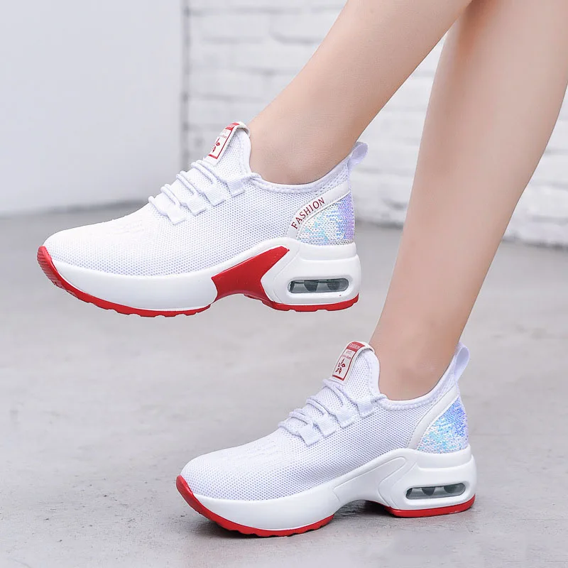 Women's Air Cushion Dance Shoes, Breathable Knit Jazz Sneakers with Sequins, Platform Walking Shoes for Modern Dancing