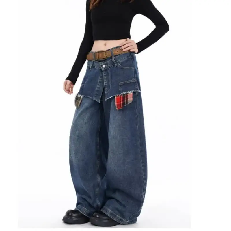 

Женские джинсы-клеш 2026 года, новинка, имитация двухслойности, в клетку, с пэчворком, в американском винтажном стиле, модные, свободные, с изогнутым кроем, для женщин