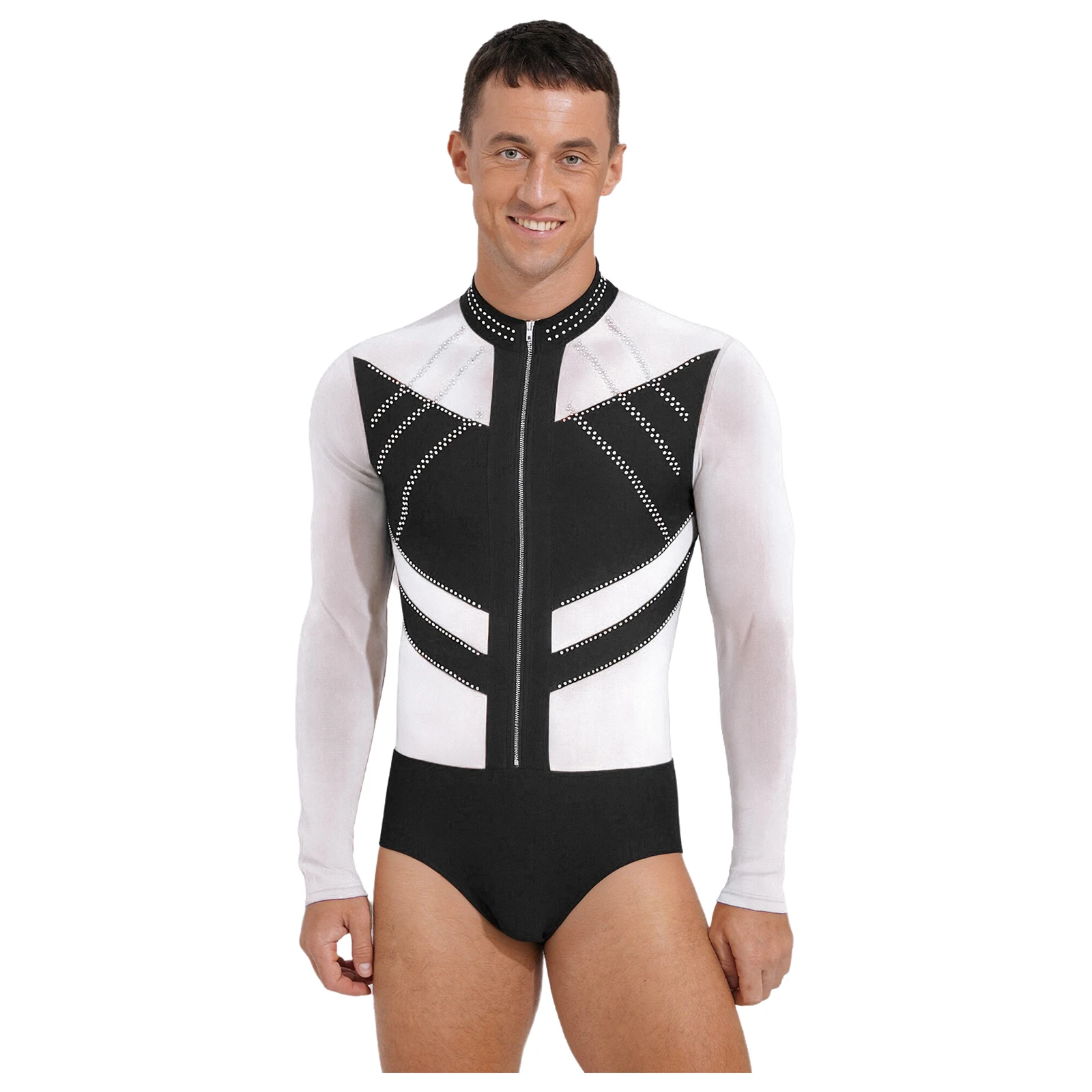 

Men Glittery Rhinestones Latin Gymnastic Figure Skating Costume Leotards Unitards Ballet Sheer Mesh Dance Bodysuit Long Sleeves