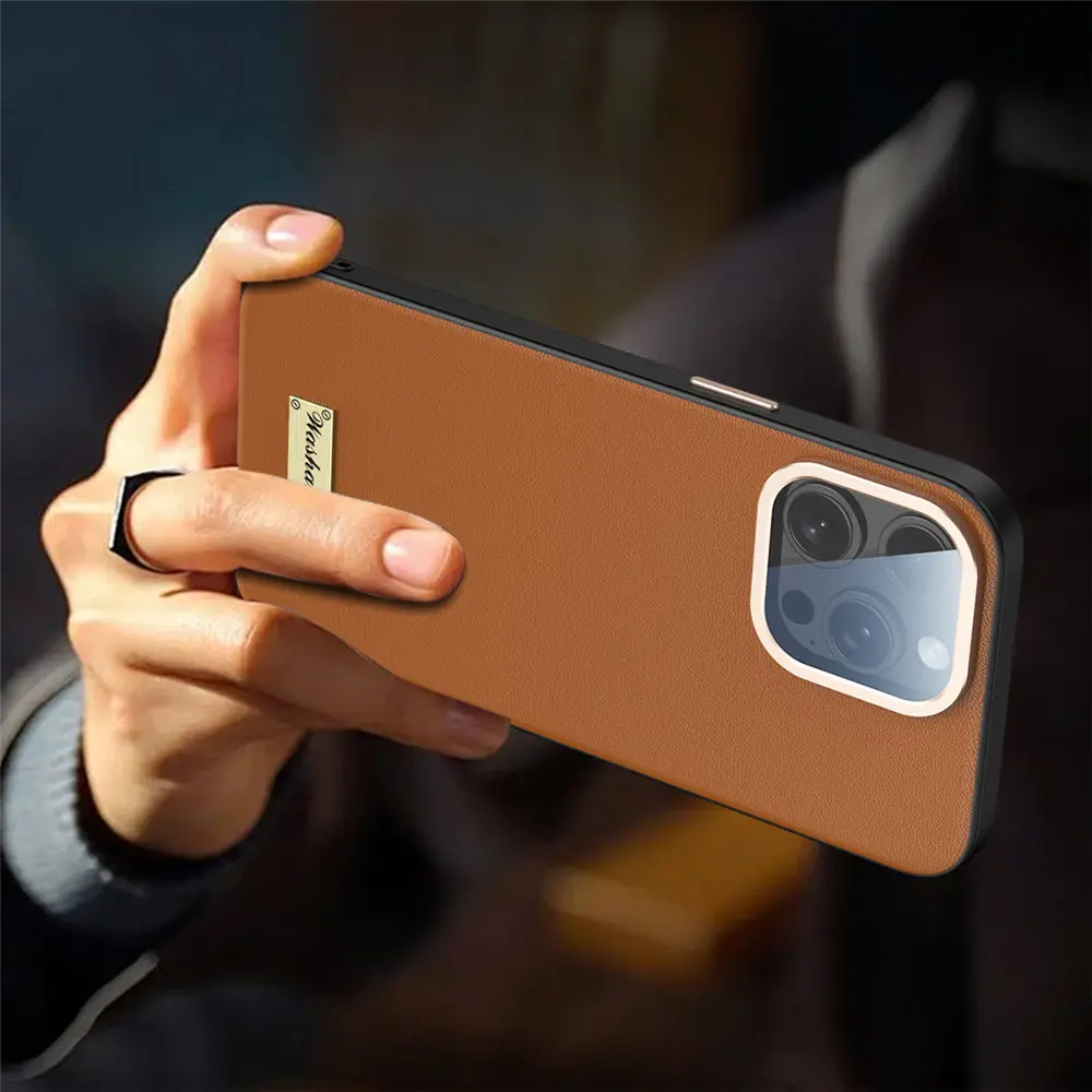 Тонкий чехол из натуральной яловой кожи для iPhone 13, 14, 15 Pro Max, защитный чехол из стеклянной пленки