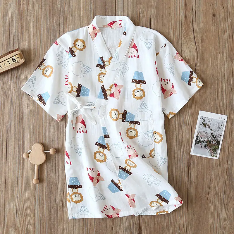 Children's Japanese Kimono Yukata Kids Cotton Short-Sleeved Sleepwear Long Cute Cartoon Print One-Piece Pajama Dress 1PCS LC971