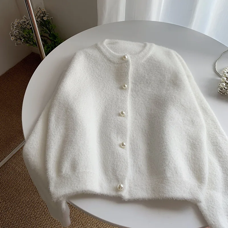 

Imitation mink cardigan sweater women's spring and autumn new pearl buckle top wear loose lazy wind knitted jacket