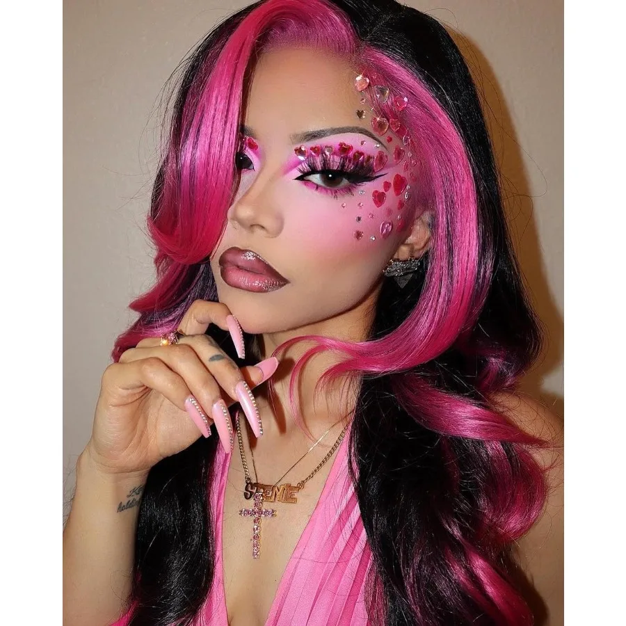 28 بوصة أومبير الوردي مع جذور سوداء والفلورسنت يسلط الضوء على الدانتيل الجبهة شعر مستعار اصطناعي قبل قطعها الجسم موجة غلويليس الأوسط Pa