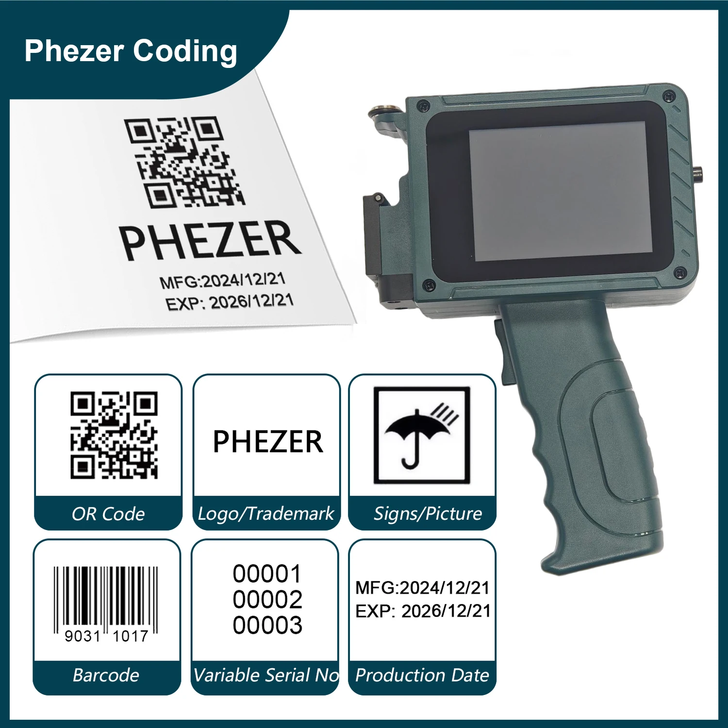 

Портативный принтер Phezer 2026 для HP NEW PC15plus, 12,7 мм, мини-принтер для печати QR-кодов, штрихкодов, дат, номеров, логотипов.