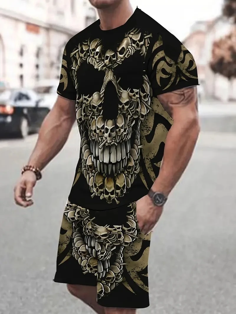 Abbigliamento sportivo da uomo Trend Men Set 3D Flower Skull Printed abbigliamento pantaloncini Casual magliette Set tute estive tuta da uomo Set