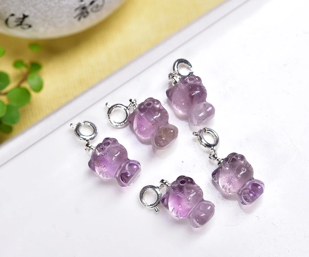 5PCS Natural Amethyts Cartoon Cat Carving Healing Reiki With Hole Fashion Jewelry For Friends Gift 10X14MM