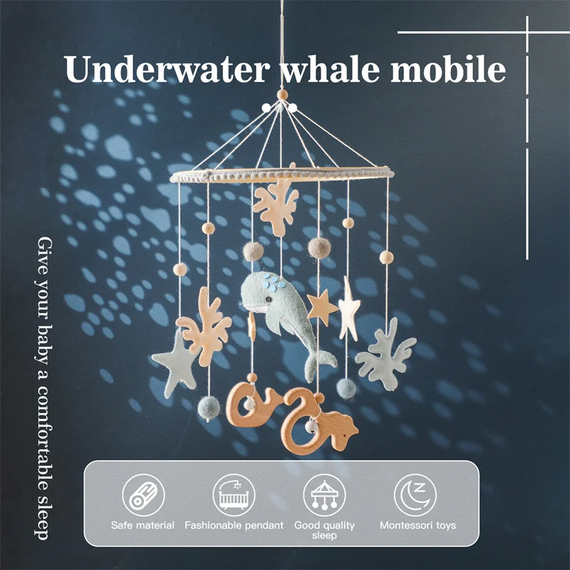 Drewniane grzechotki dla niemowląt Miękki filc Kreskówka Wieloryb oceaniczny Scallop Chmura Wiszący wisiorek Dzwonek do łóżeczka Mobilne łóżeczko Wiszący wspornik Zabawki Prezenty