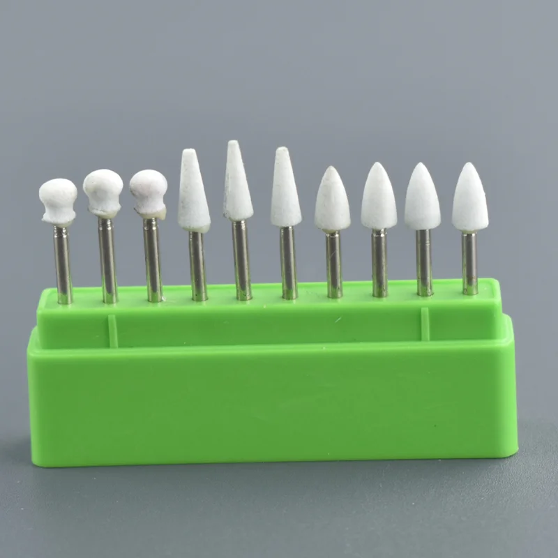 10Pcs/Box Dental FG White Stone Polishing Burs Flame Cone Round Shape Polisher Burs for Metal Resin Porcelain Polishing Tool