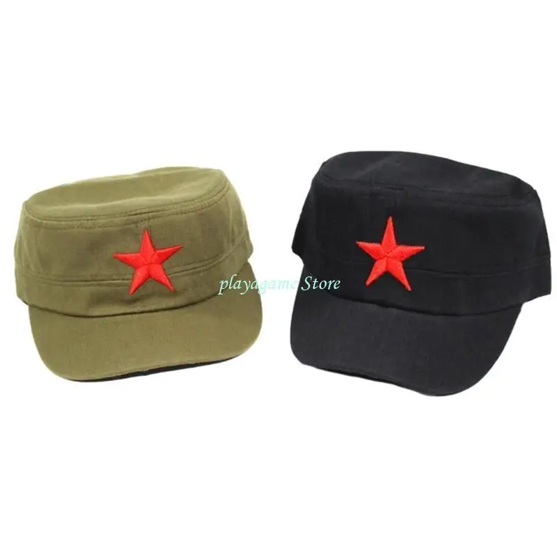 Y88A Adult Adjustable Flat Top Hat Summer Sun Cap Five Pointed Star Military Hat