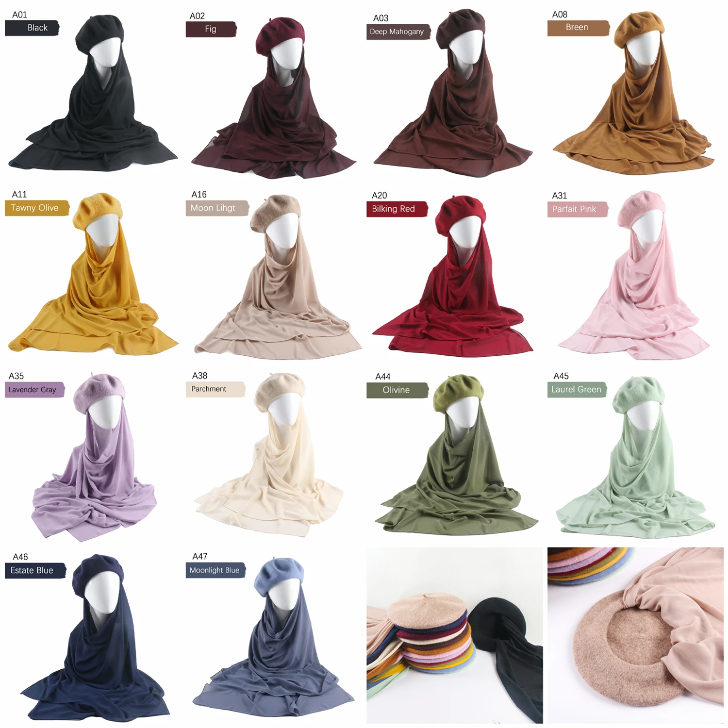 Musilm-Hijab de gasa de estilo francés para mujer, sombreros de boina, Baret, sombrero plano, Hijabs de gasa instantáneos con sombreros