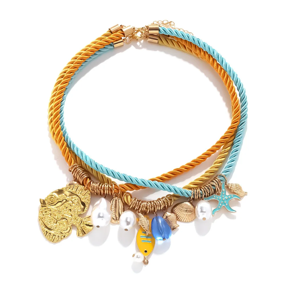 Multi Layer Distort Rope Style Marine Animal Necklace Set Enamel Starfish Fish Shell Conch Pearl Pendant Collar Choker Jewelry