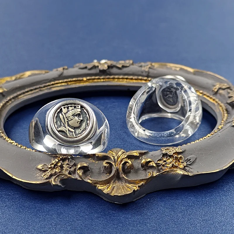 ABLES شيك عملة رومانية الصلبة 925 خاتم فضة العقيق معلمة اليونانية 18K الذهب لهجة عملة نسخة العتيقة خواتم خمر للنساء الرجال #2