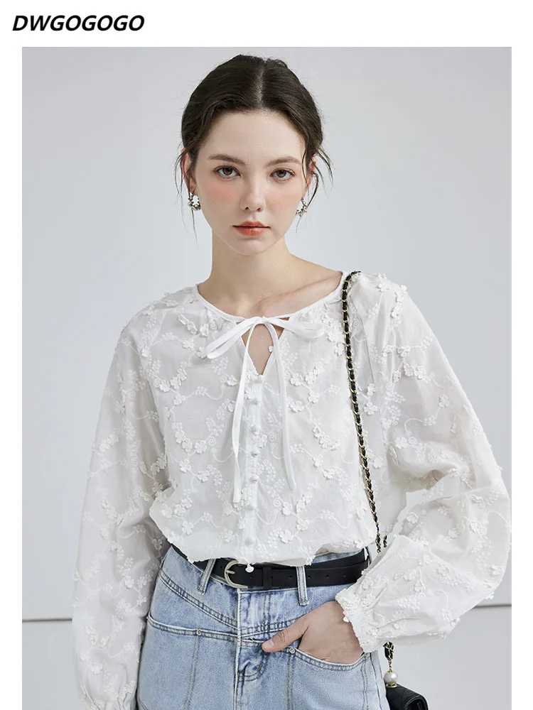 

Women Shirts V-Neck Embroidery Chic Loose 2023 Florals New Sweet Holiday Office Lady Flare Sleeve Tops