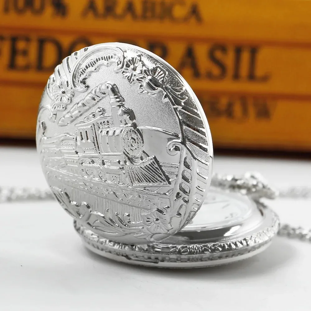 قطار فضي منحوت كوارتز ساعة جيب الرجال النساء ساعة الموضة قلادة قلادة ساعة الهدايا Steampunk