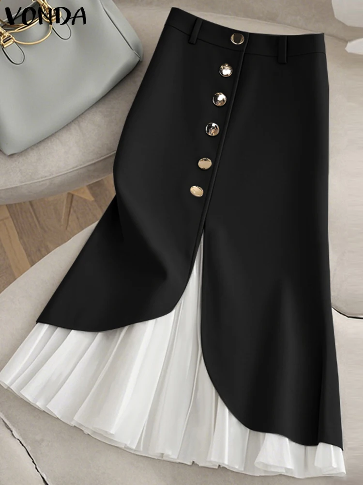 VONDA Elegant Women Skirts Lady Work Party Overskirts 2025 Female Patchwork Buttons Casual Pleated A-Line Bottoms Oversized