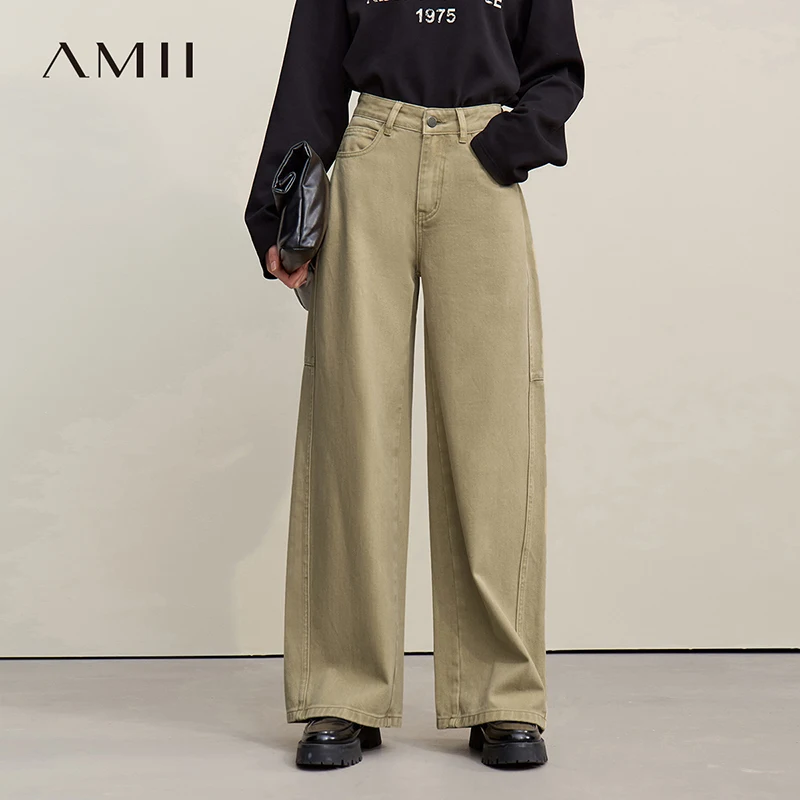กางเกงยีนส์ผู้หญิง Amii รุ่น 2026 ฤดูใบไม้ผลิ สไตล์ลำลองย้อนยุค ผ้าเดนิม 100% ผ้าฝ้าย ทรงขากว้าง หลวม ใส่ได้หลายโอกาส สีพื้น รุ่น 12641116