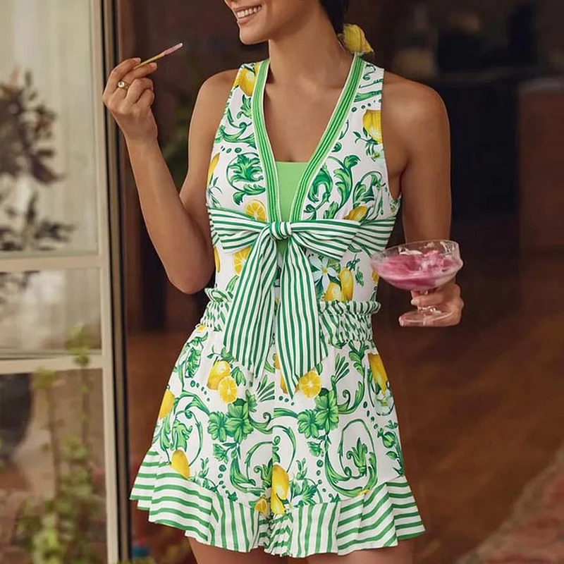 Taille haute femmes Bikini ensemble maillots de bain citron imprimé une pièce maillot de bain femme rembourré baigneurs bain natation maillot de bain maillots de bain