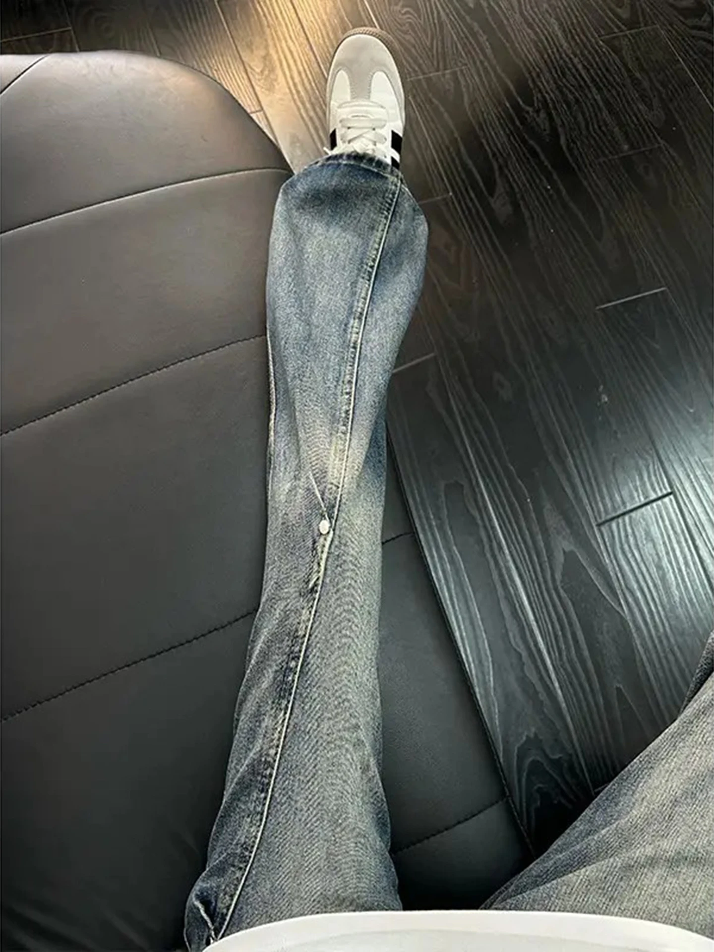 

Retro Blue Rivet Bell Bot Men's Jeans Spring Autumn High Street Design Sense Pants Slant Cut Straight Workwear Trousers