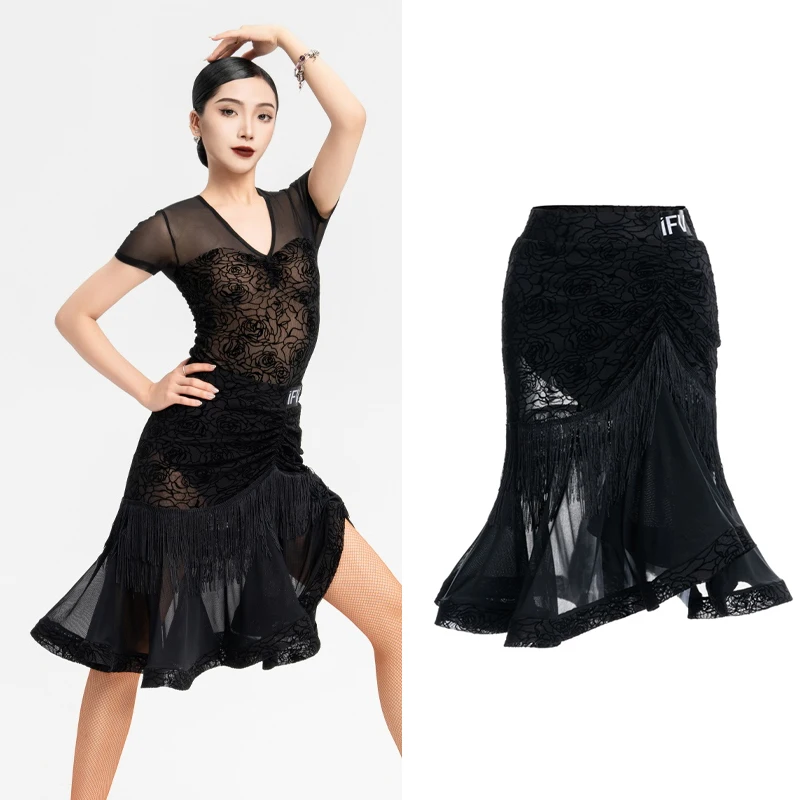 

Latin Dance Skirt For Women Adult Big Swing Mesh Fishbone Skirts Training Suit Professional Chacha Latin Dance Clothes DN18687