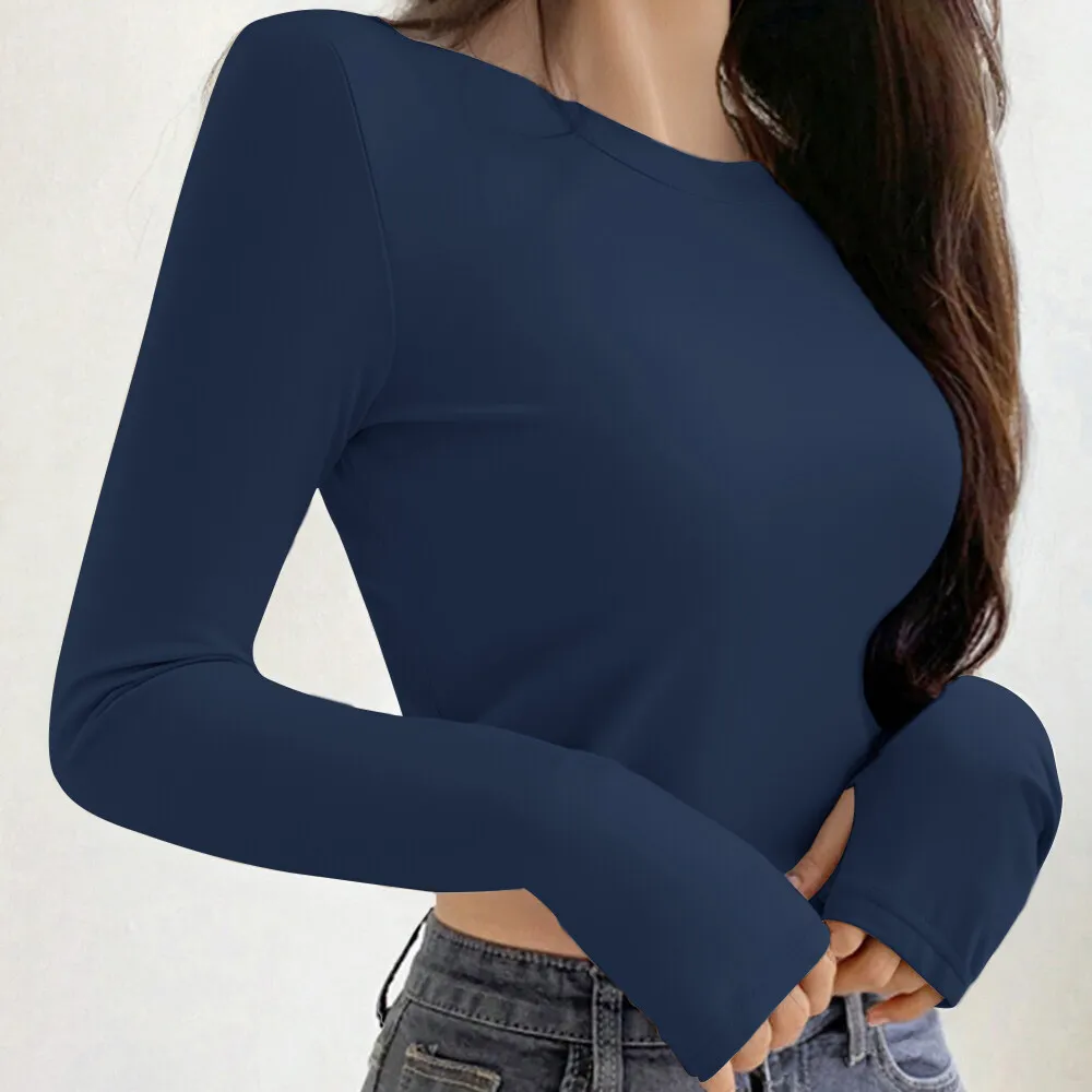 Mia Muse Women's Tight T-shirt Slim Fit Long Sleeve Round Neck Solid Autumn Casual Basic Tops image 4
