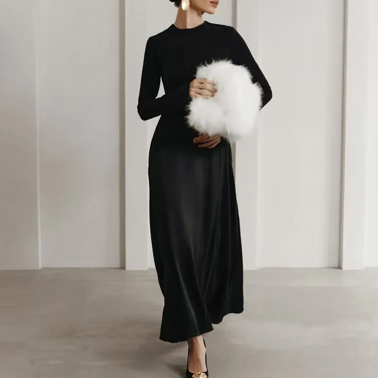 Faionable Long Sve Splicing Dr Ele Платье трапециевидной формы с высокой талией для женщин Ele Evening Dr Sli Long Dr