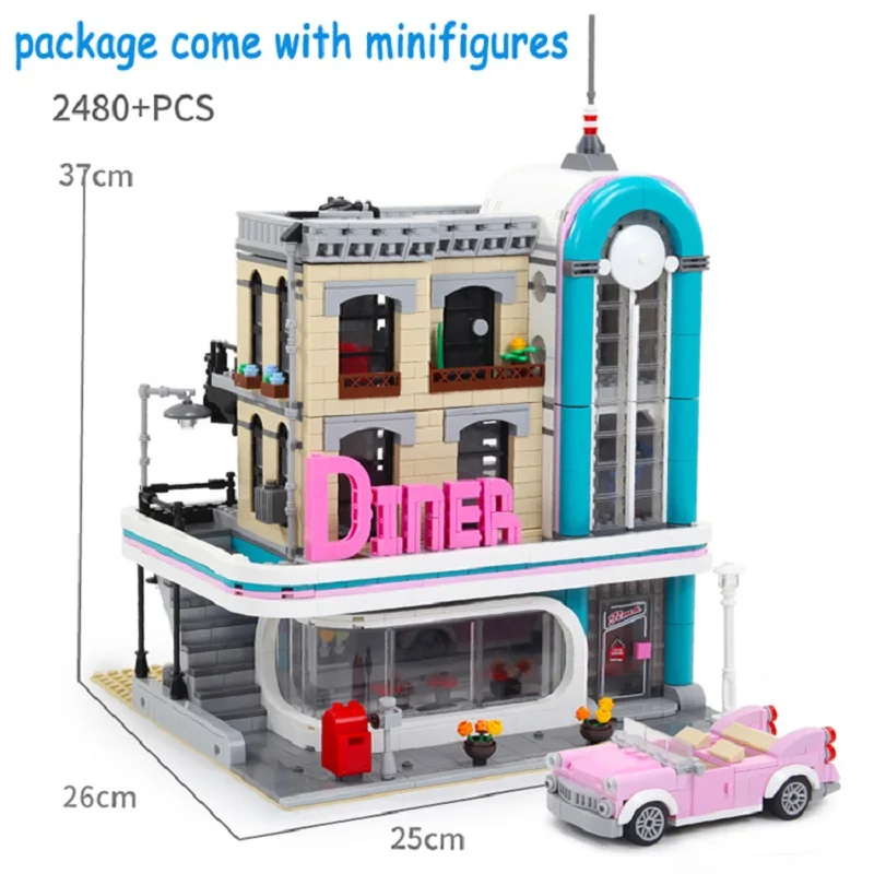 6 MINI Figures 2488PCS Downtown Diner Building Blocks Bricks Compatible 10260 15037 Education Kids Christmas Birthday Gifts Toy