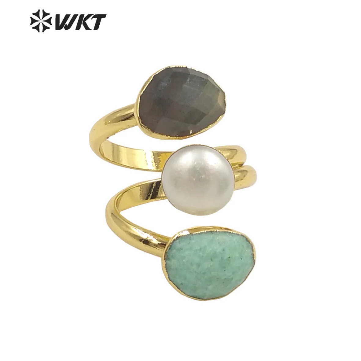 WT-R407 WKT Party Natural Stone Ring Oval Shape with Round Pearl Three Circle Women's Valentine's Day Gift Jewelry Finding