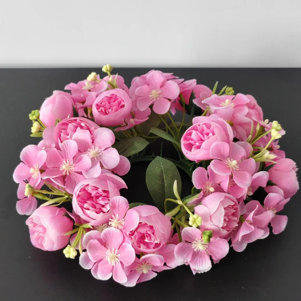 

Simulated Flowers Tea Rose Ring Fake Flowers Green Leaf Candlestick Wreath Gypsophila Countryside Style Floral Arrangement