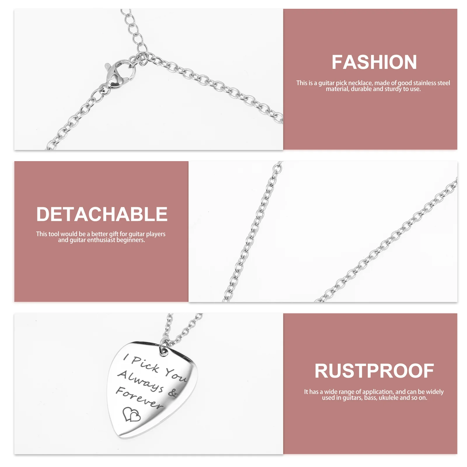 

Stainless Steel Guitar Pick Necklace Portable Bass Pick Pendant Durable Guitar Accessory for Beginners Players