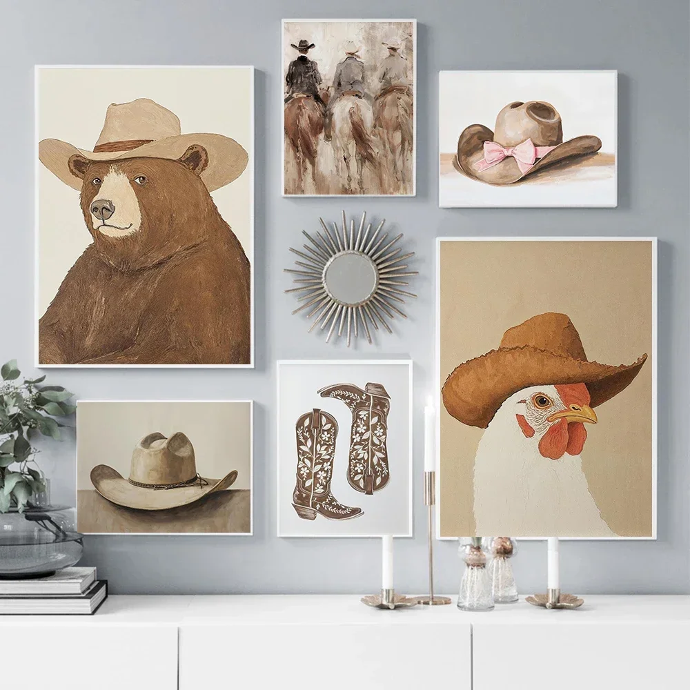 Canvas Painting Warm Neutral Country Rodeo Poster Western Cowboy Prints Horse Saddle Wall Pictures Southeastern Boy Wall Deco
