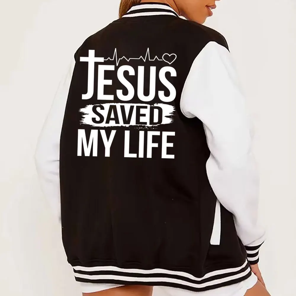 Jesus Save My Life Print Women Jacket Harajuku Streetwear Baseball Uniform Fashion Casual Clothes Autumn Loose Jackets Overcoat