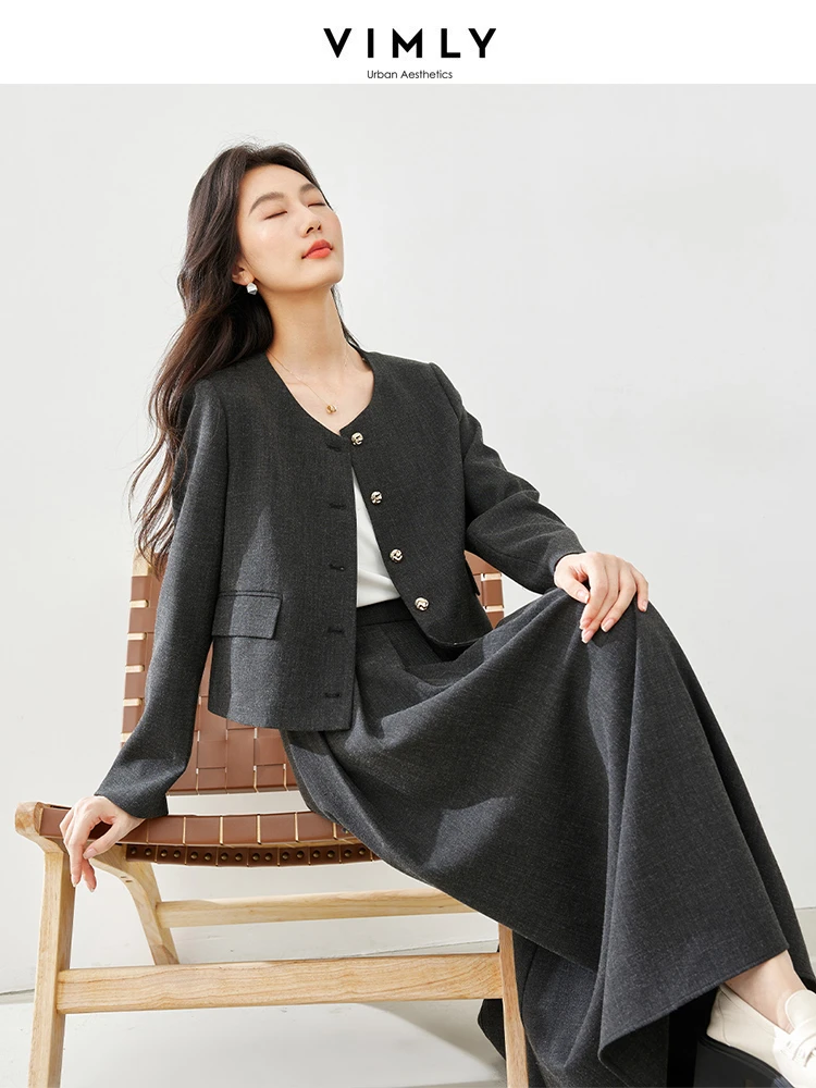 Vimly Grey Women\'s Skirt Suit 2024 Spring Elegant Fashion Matching Set Crop Jacket Pleated Maxi Skirt Two Piece Set Women M5379