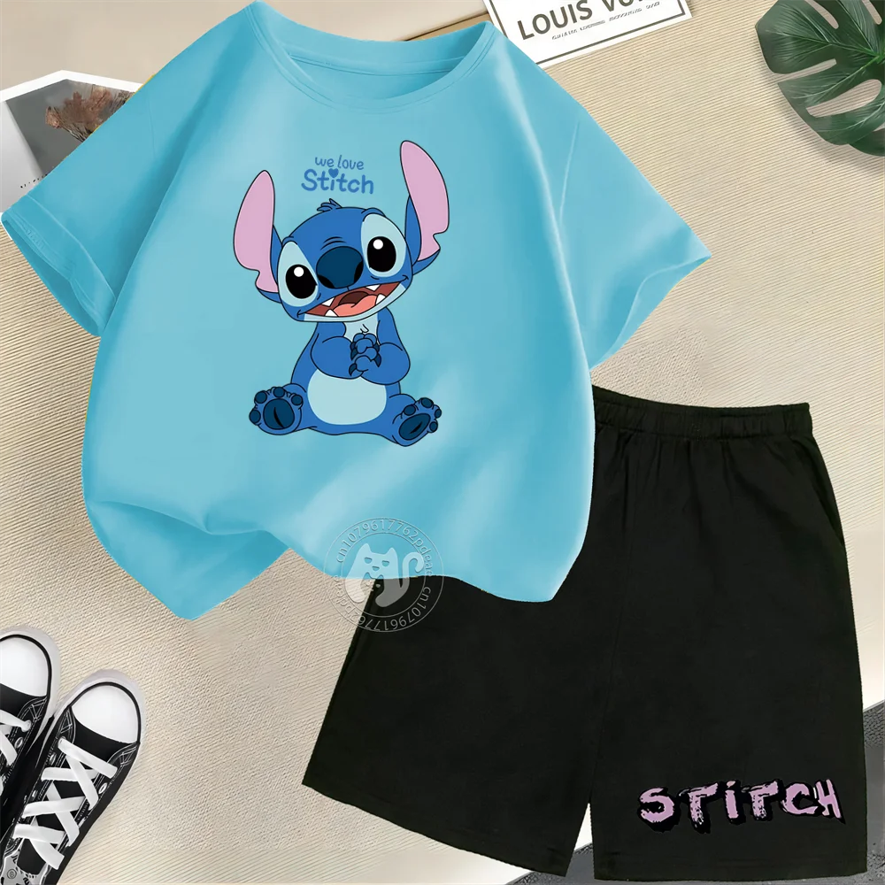 Disney Kids Summer 100% Cotton Short Sleeve T-shirt + Shorts Cute Stitch Print Boys Girls Teen Casual crewneck suit