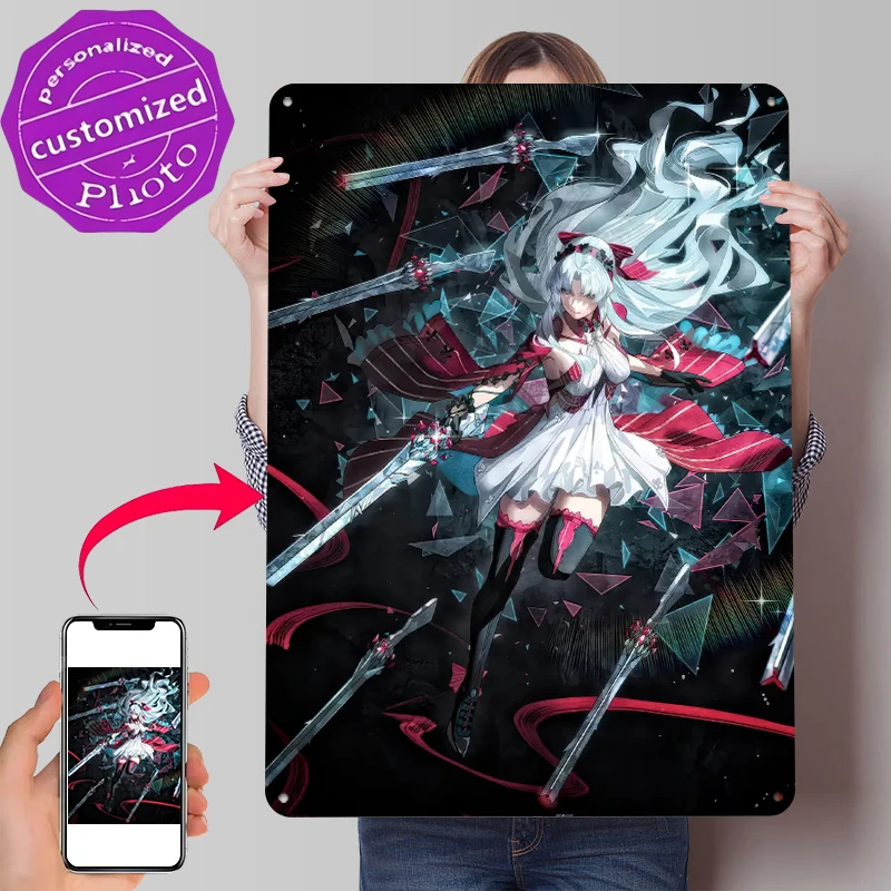 Anime Girl With Swords Digital Art Metal Poster Customized Wall Art Retro Vintage Tinplate Signs for Wand Deko Room Ornaments